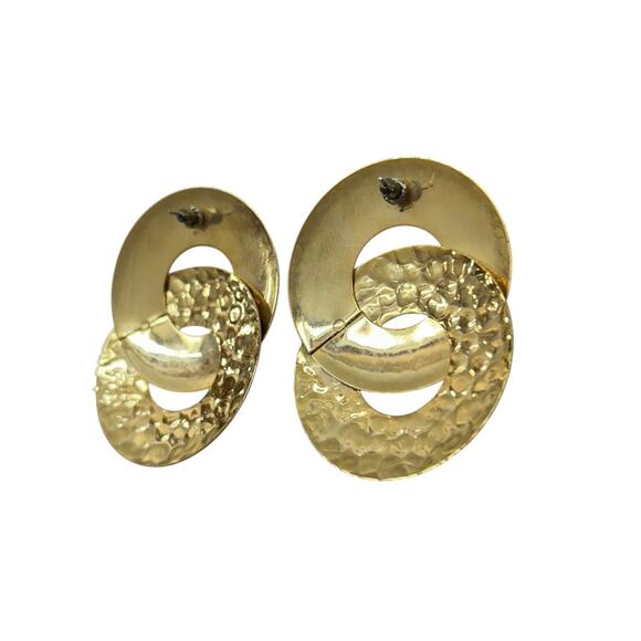Vintage Goldtone Statement Earrings Hammered Pierced 2.2 Inch - Picture 4 of 5